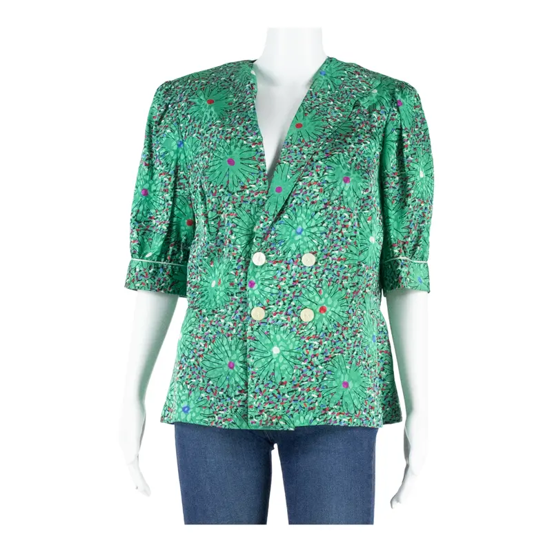 Jumbo International Womens Printed Blouse Green V-Neck Floral L 1