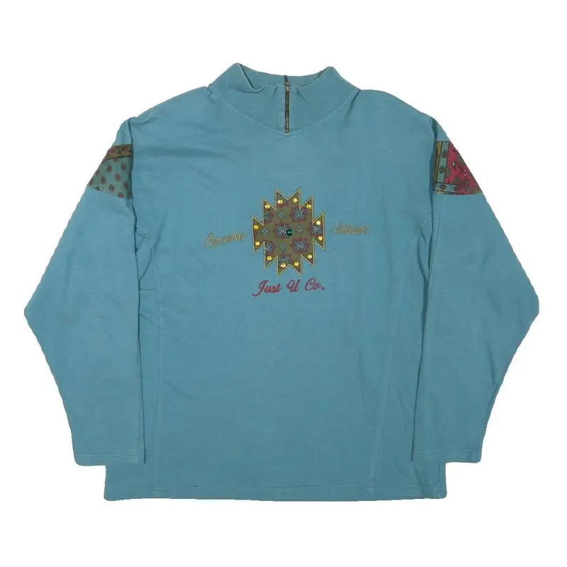 Just U Womens Blue Cotton Blend Crew Neck L Embroidered Zip Sweatshirt 1