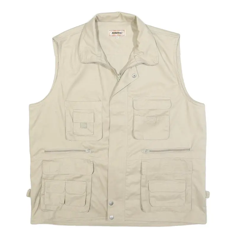 Kamu Mens Beige Cotton Blend Utility Jacket L Zip Vest Pocketed 1