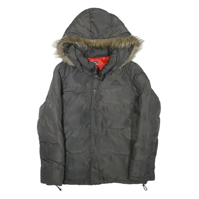 Kappa Womens Grey Faux Fur Hooded Zip Jacket L Polyester Blend Puffer Warm 1