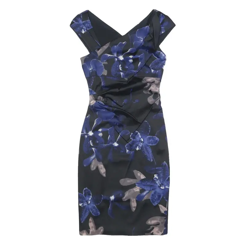 Karen Millen Womens Black & Blue Floral Bodycon Woven V-Neck Sleeveless Dress Uk 1