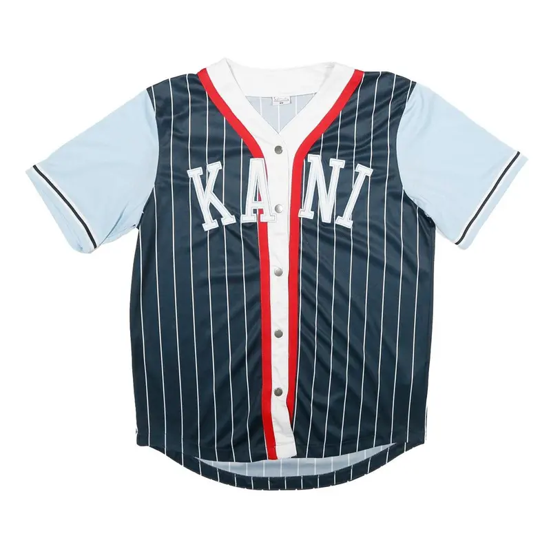 Karl Kani Mens Blue & Navy Button Front Pinstripe Jersey M Short Sleeve V-Neck 1