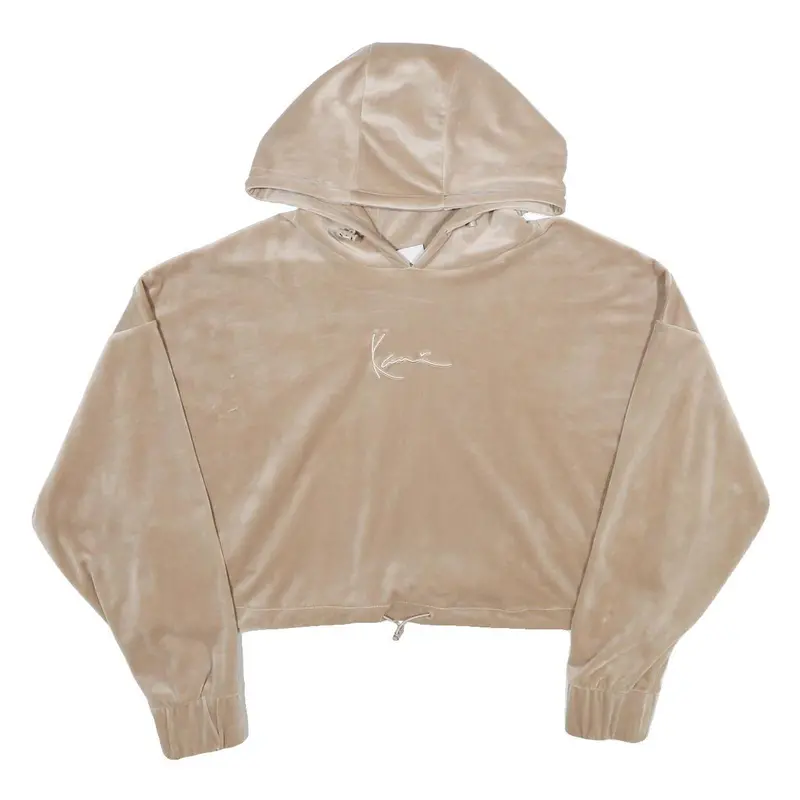 Karl Kani Womens Beige Velvet Hoodie L Cropped Drawstring Hooded Sweatshirt 1