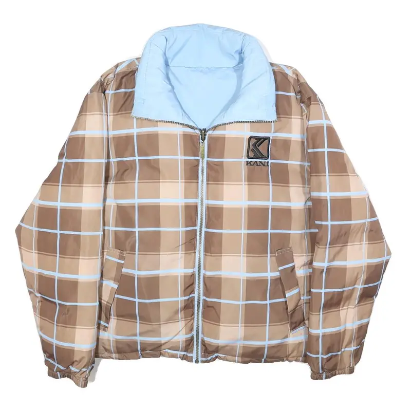 Karl Kani Womens Brown & Blue Check Reversible Jacket L Polyester Zip Casual 1