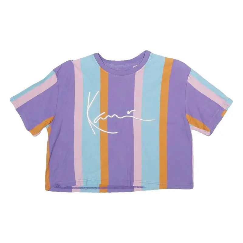 Karl Kani Womens Purple & Blue Stripe Graphic Crop T-Shirt S Short Sleeve Crew 1