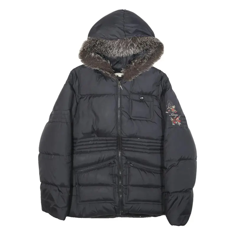 Kenzo Girls Black Hooded Zip Jacket S Polyamide Plain Winter Coat Warm 1