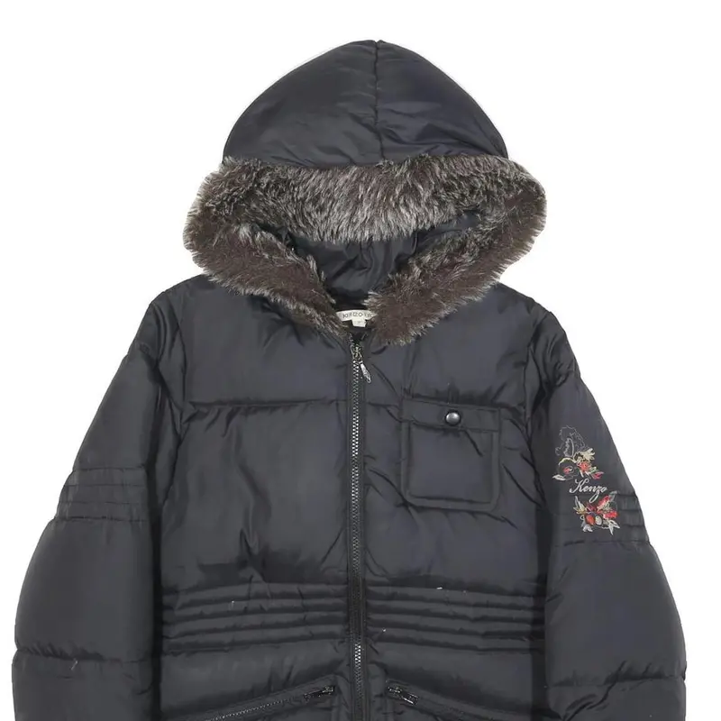 Kenzo Girls Black Hooded Zip Jacket S Polyamide Plain Winter Coat Warm 2