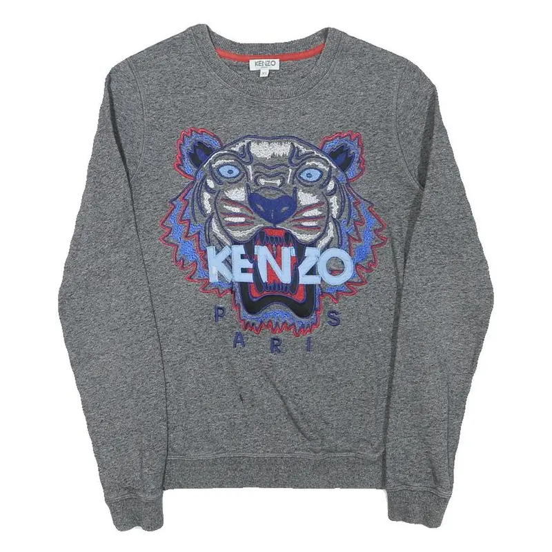 Kenzo Mens Grey Cotton Blend Crew Neck Xs Embroidered Tiger Sweatshirt 1