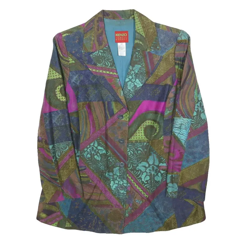Kenzo Womens Multicolour Silk Button Jacket M Woven Patchwork Designer 1