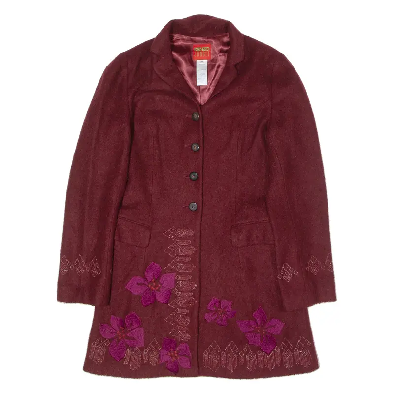 Kenzo Womens Overcoat Coat Maroon Wool Floral Uk 8 1