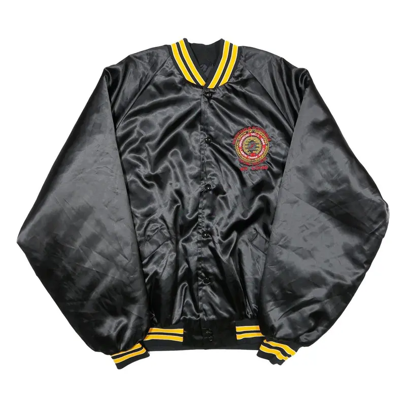 King Louie Mens Black & Yellow Embroidered Button Jacket 2Xl Nylon Satin Varsity 1