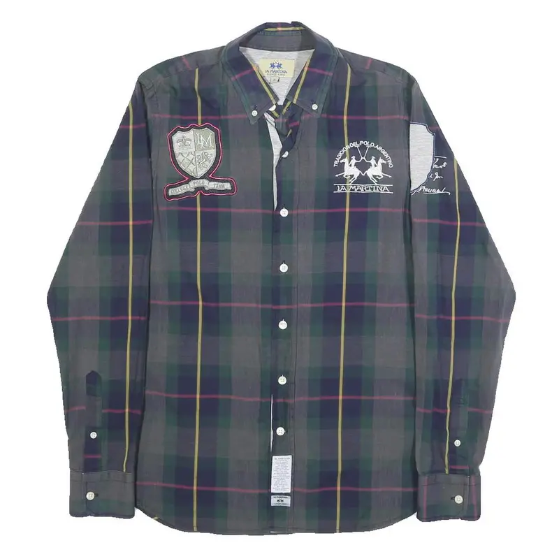 La Martina Mens Green & Blue Checked Shirt S Cotton Button Down Polo Crest 1