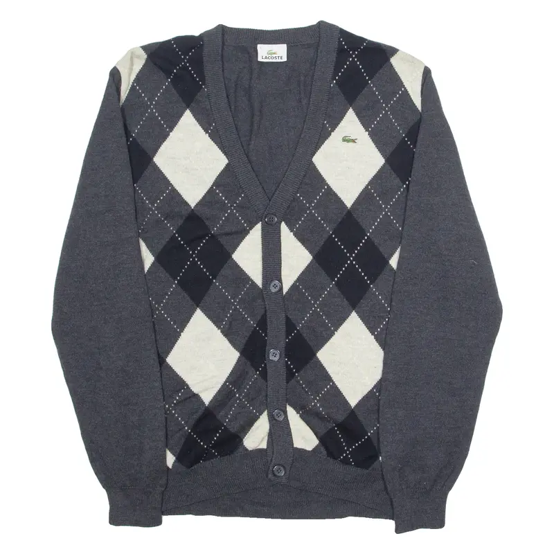 Lacoste Mens Cardigan Grey Argyle V-Neck Tight Knit L 1