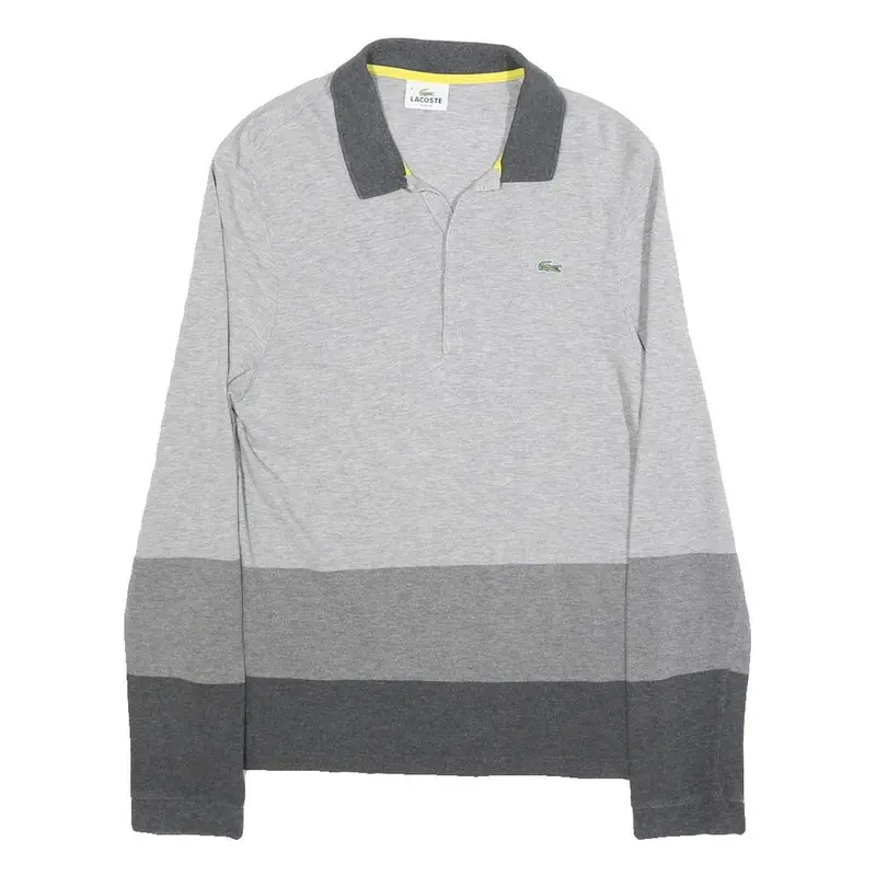 Lacoste Mens Grey & Dark Grey Long Sleeve Striped M Cotton Blend Polo Shirt 1