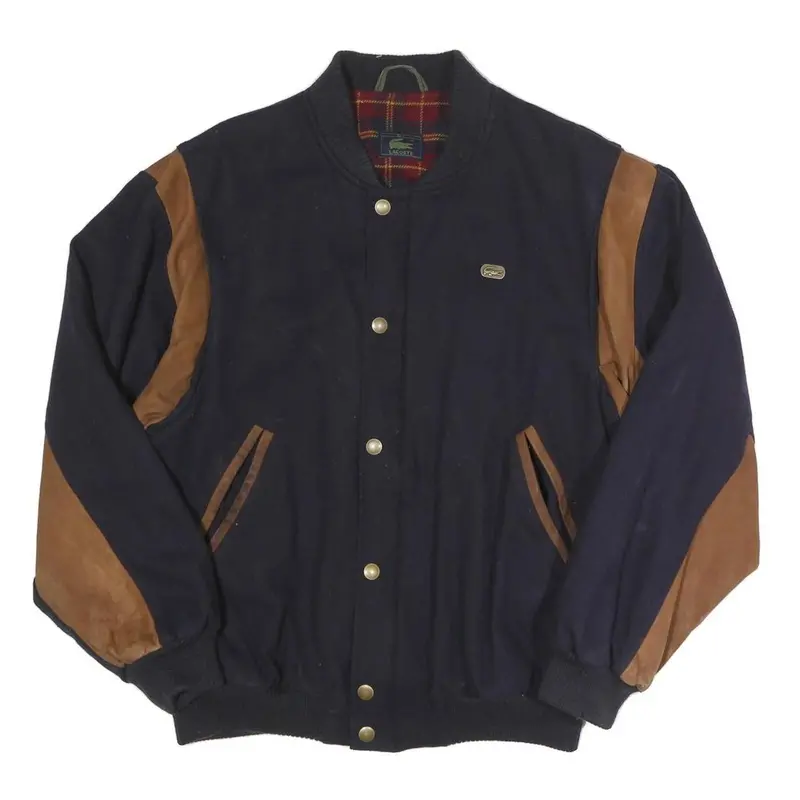 Lacoste Mens Navy & Brown Wool Blend Bomber Jacket M Woven Contrast Panel 1