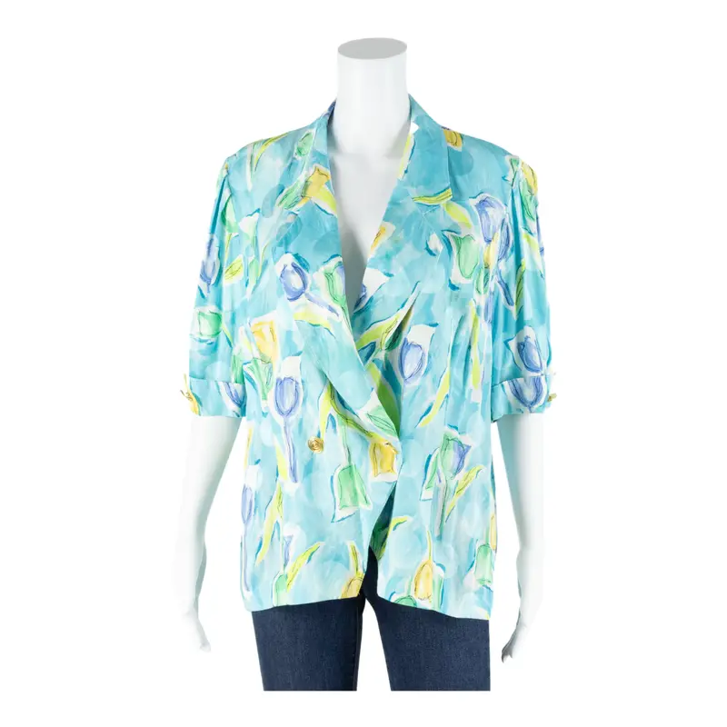 Lady F Open Womens Shirt Blue Collared 90S Viscose Floral Uk 16 1