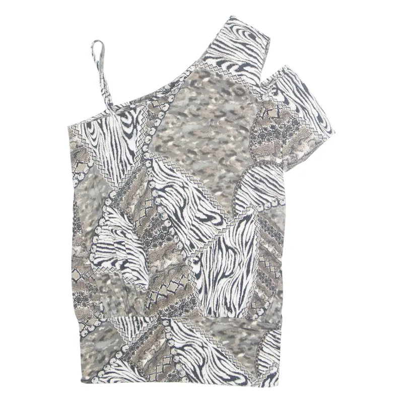 Lady Mezzo Womens Printed Blouse Grey One Shoulder Crazy Pattern M 1