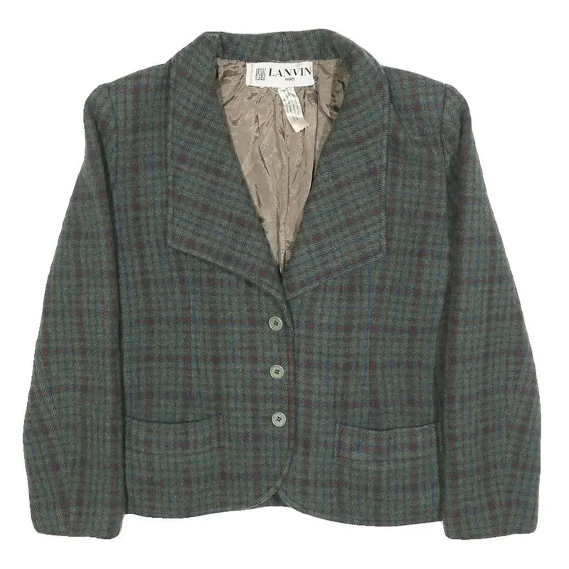 Lanvin Womens Blue Green & Brown Check Wool Jacket S Woven Button Closure 1