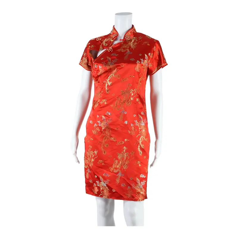 Laogue Side Slit Dragons Womens Pencil Dress Red Floral Short Sleeve Midi S 1