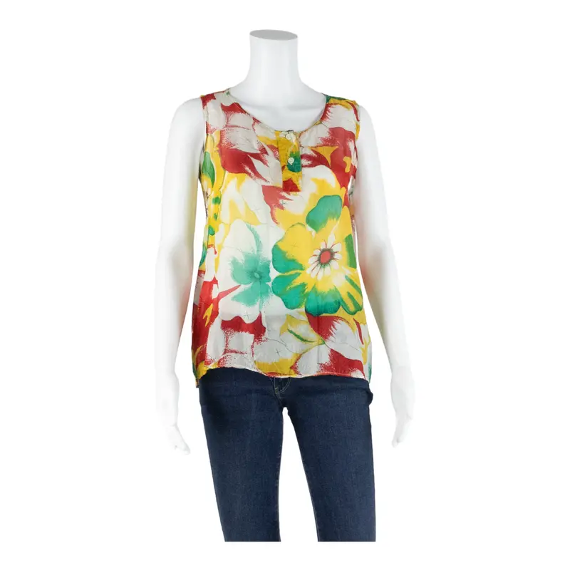 Last Scene Womens Printed Vest Yellow Sleeveless Faux Silk Floral S 1