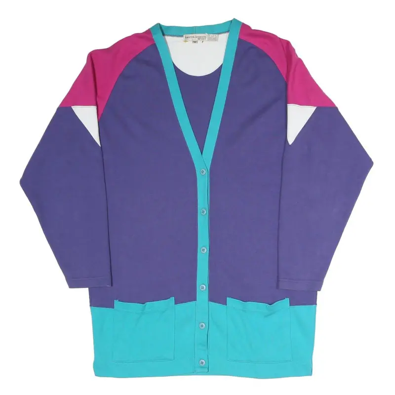 Lauren Hansen Sport Womens Purple & Pink Patterned Button Up Cotton Blend Jumper 1