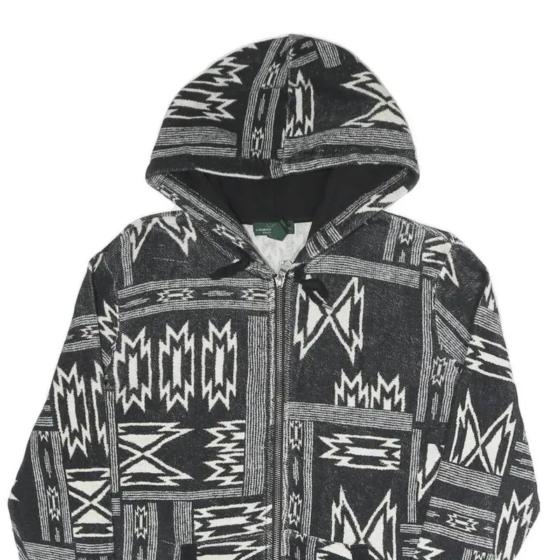 Lauren Ralph Lauren Womens Black & White Geometric Full Zip Hoodie L Relaxed Fit 2