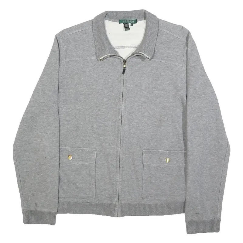 Lauren Ralph Lauren Womens Grey Cotton Blend Zip Jacket L Plain Casual 1