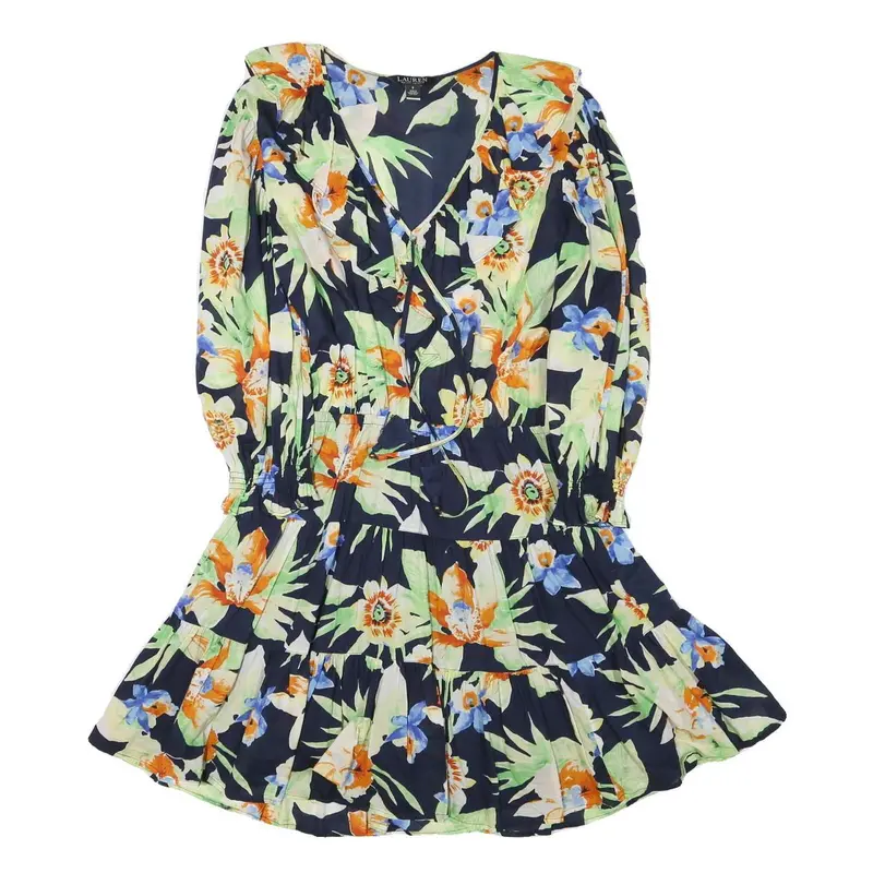 Lauren Ralph Lauren Womens Navy Blue Floral Cotton Blend Wrap Dress Midi M Frill 1