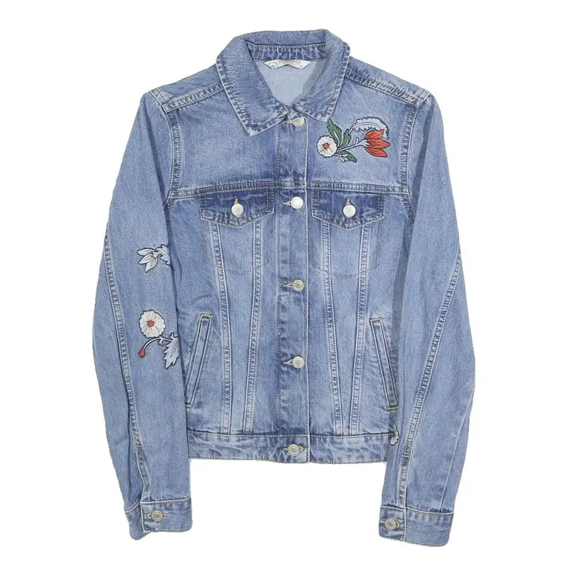 Lcw Jeans Womens Blue Denim Embroidered Cotton Jacket Xs Button Pattern Floral 1