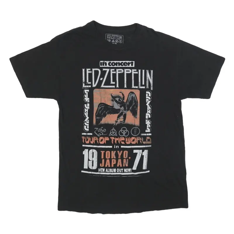 Led Zeppelin Rare Mens Black Tour Of The World Graphic T-Shirt M Crew Neck Short 1