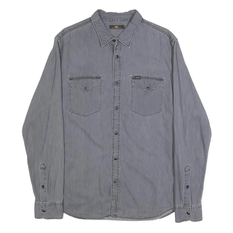 Lee Mens Grey Shirt Xl Cotton Classic Long Sleeve Button Pocket 1