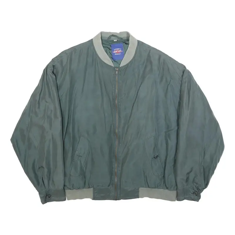 Let's Go Mens Green Silk Bomber Xl Jacket Plain Zip Pocketed 1