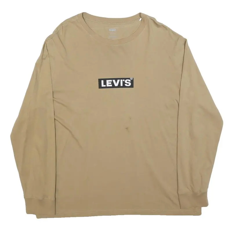 Levi's Mens Beige Long Sleeve Crew Neck Cotton Blend T-Shirt L Logo Print 1