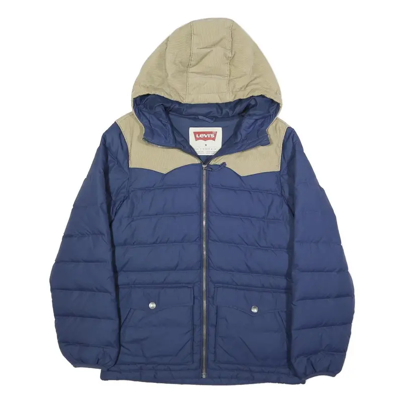 Levi's Mens Blue & Beige Puffer Jacket M Polyester Quilted Outdoor Zip Hooded 1