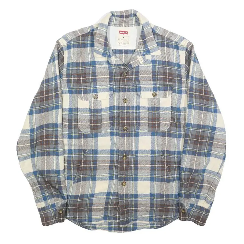 Levi's Mens Blue & Brown Check Shirt M Wool Blend Long Sleeve Button Up Casual 1