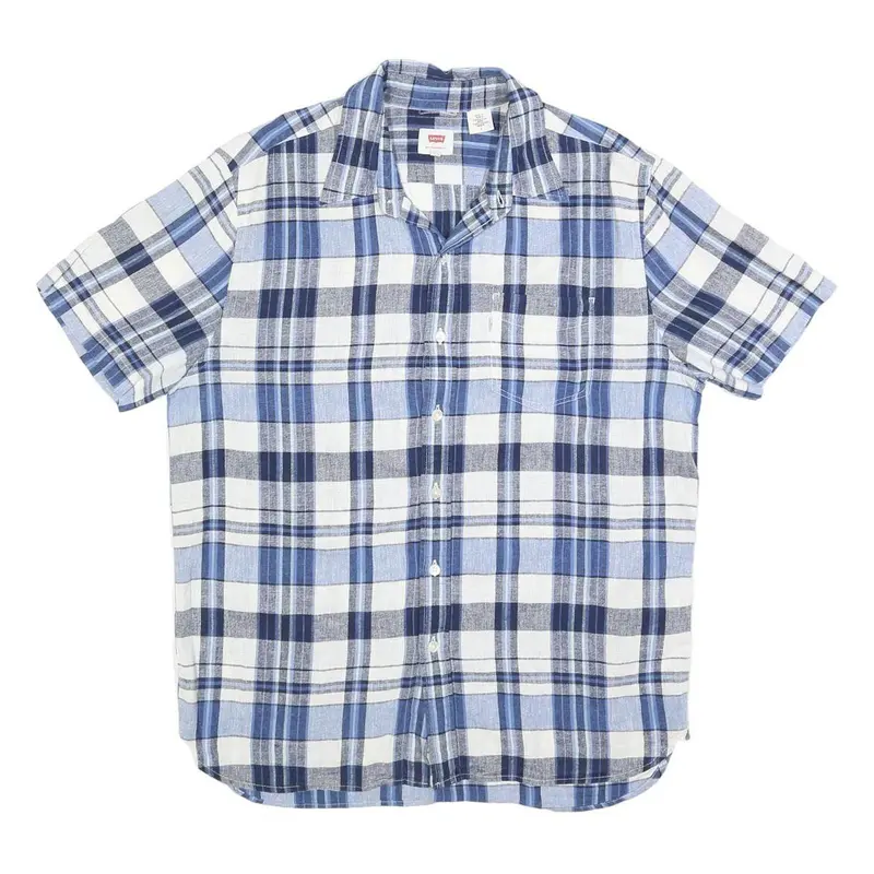 Levi's Mens Blue & White Check Short Sleeve Shirt M Casual Summer Linen Blend 1