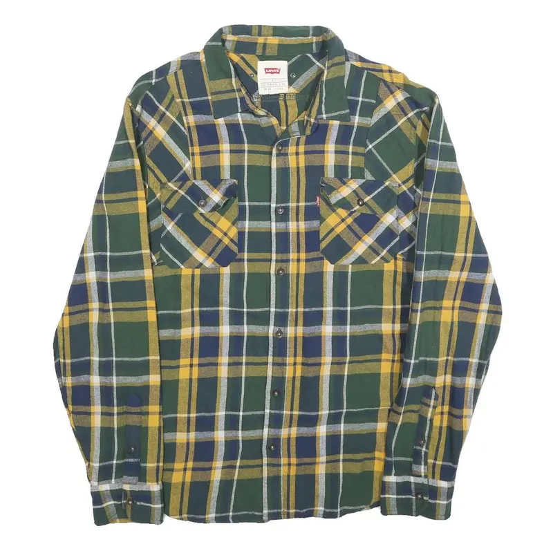 Levi's Mens Green & Yellow Check Cotton Blend Shirt L Classic Casual Button-Up 1