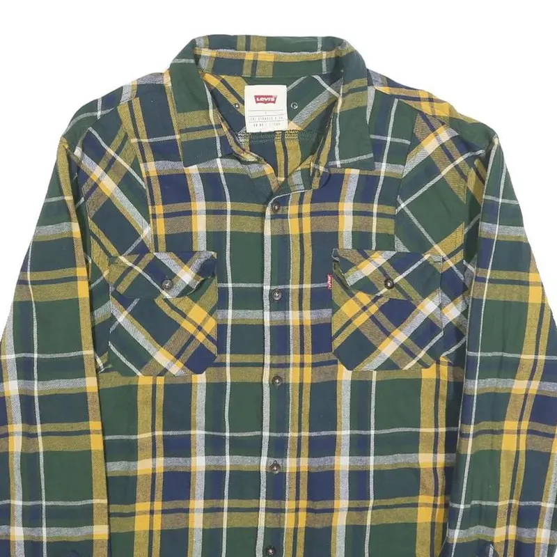Levi's Mens Green & Yellow Check Cotton Blend Shirt L Classic Casual Button-Up 2