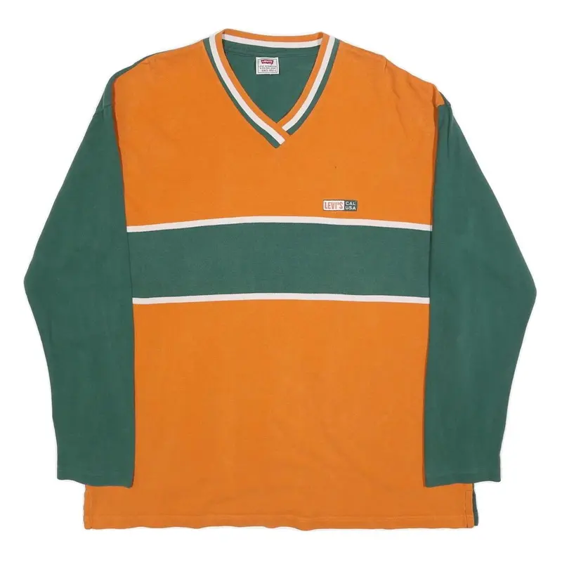Levi's Mens Orange & Green Colourblock Long Sleeve V-Neck Cotton Blend Xl 1