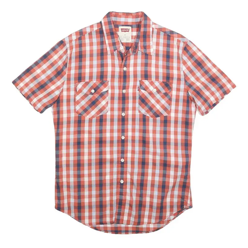 Levi's Mens Red & Blue Check Shirt M Cotton Short Sleeve Button Pockets 1
