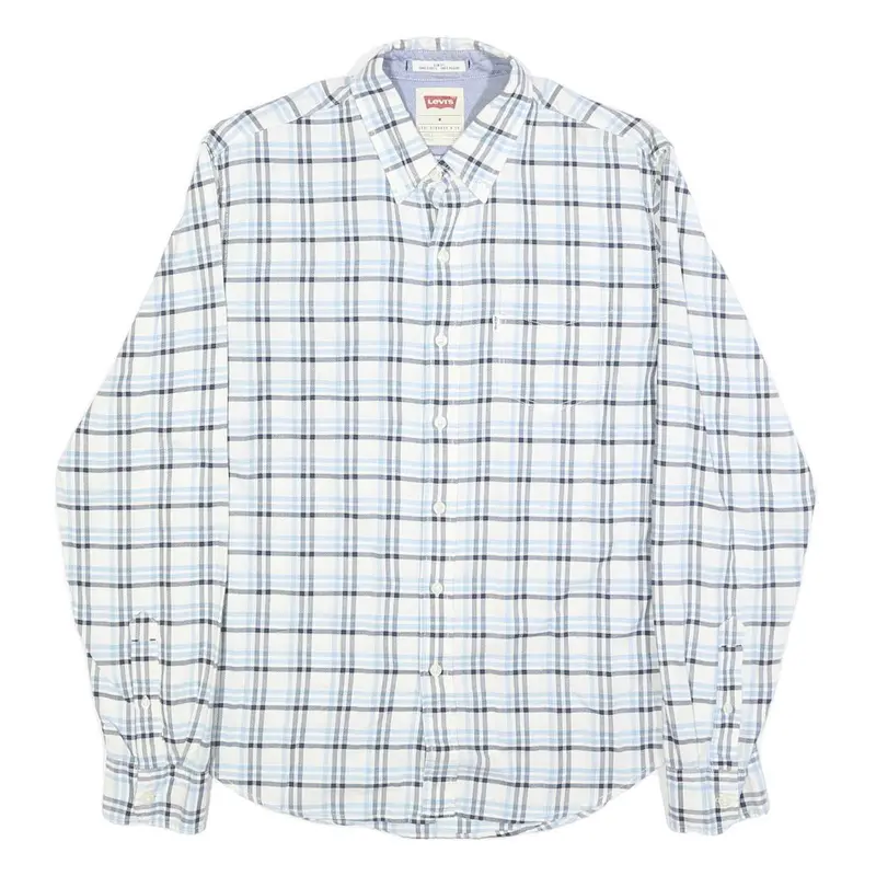 Levi's Mens White & Blue Checked Cotton Shirt M Classic Button-Down Collar Long 1