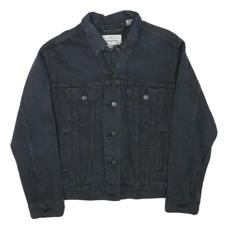 Levi's Womens Black Button Denim Jacket S Cotton Blend Wave Embroidered 1
