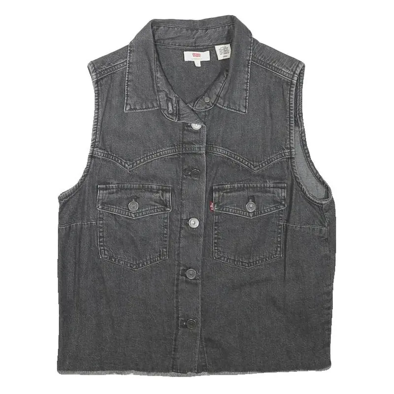 Levi's Womens Black Denim Sleeveless Button Jacket S Cotton Blend Classic 1