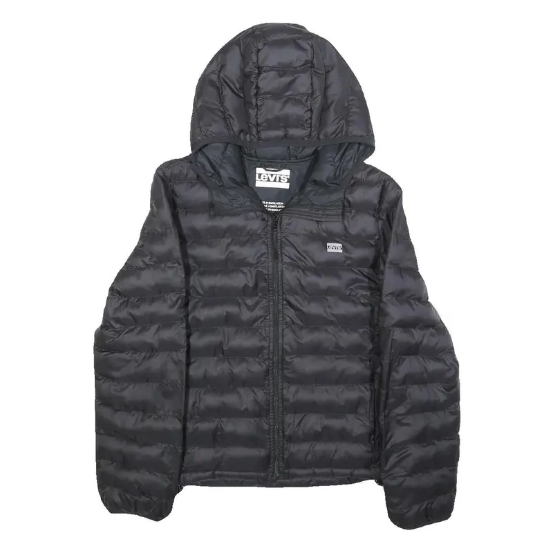 Levi's Womens Black Puffer Jacket S Polyester Hooded Zip Plain Lightweight 1