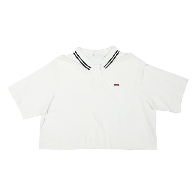 Levi's Womens White Cropped Polo Shirt L Cotton Blend Short Sleeve Striped 1