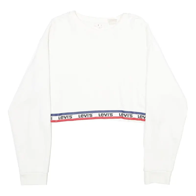 Levi's Womens White & Navy Crew Neck Xs Logo Band Sweatshirt Crop Top 1
