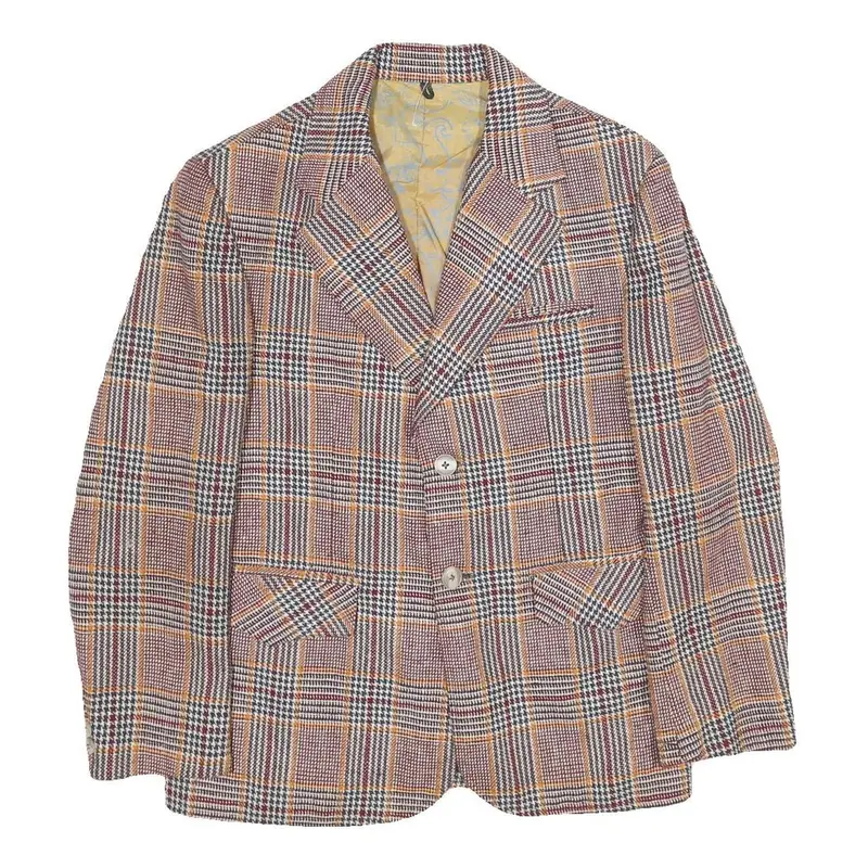Liang Chon Mens Brown & Orange Plaid Wool Button Jacket S Woven Classic Retro 1