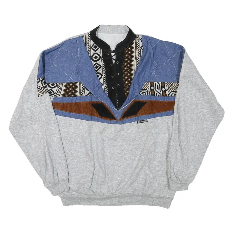 Lift Mens Grey Blue Brown Patterned Collared L Sweatshirt Vintage Pullover 1