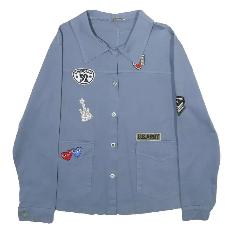 Lindsay Moda Womens Blue Cotton Patch Button Jacket L Casual Light Fabric 1