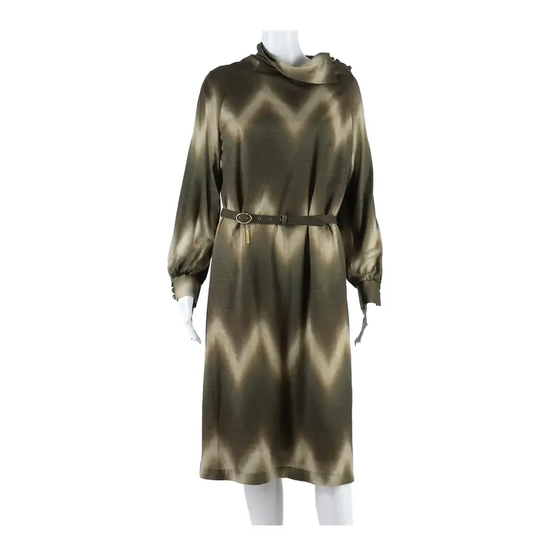 Lined Belted Womens Day Dress Brown Geometric Long Sleeve Long L 1